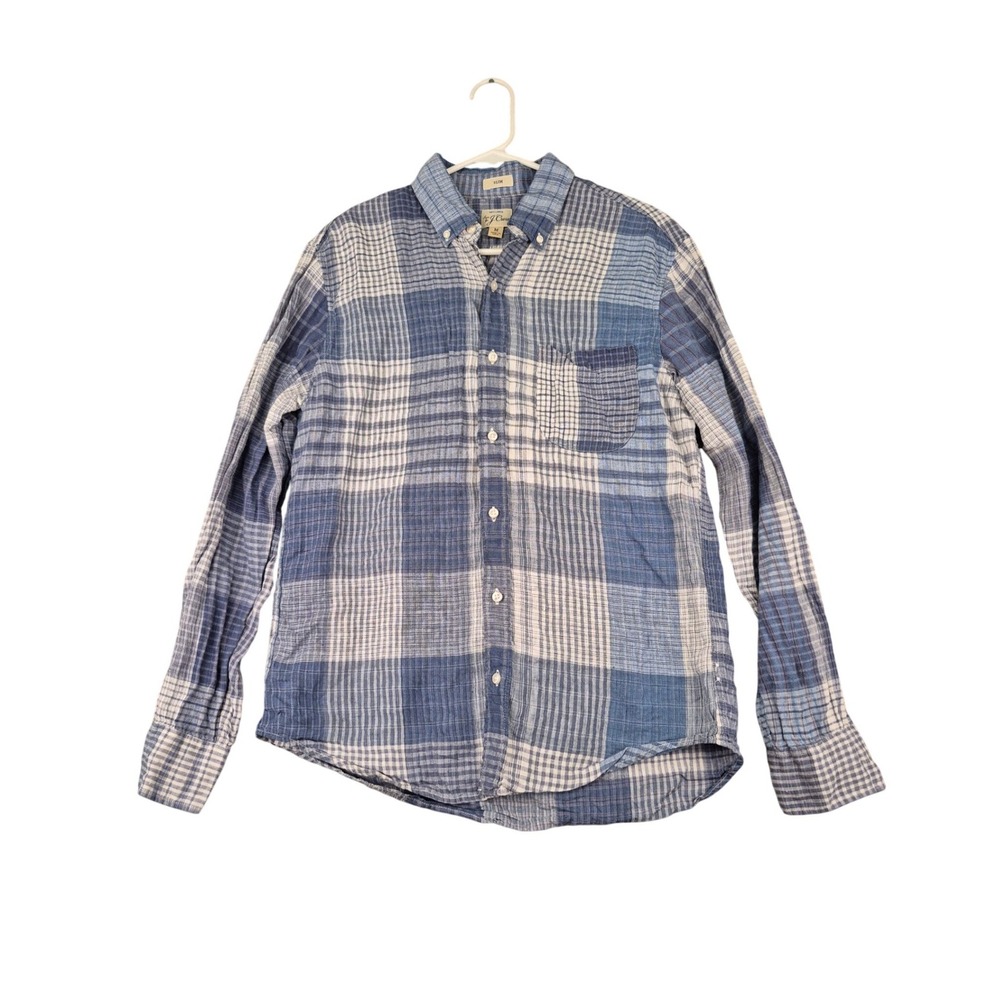 J.Crew Mens Slim Fit 100% Linen Plaid Button Down Shirt‎ Blue White Medium